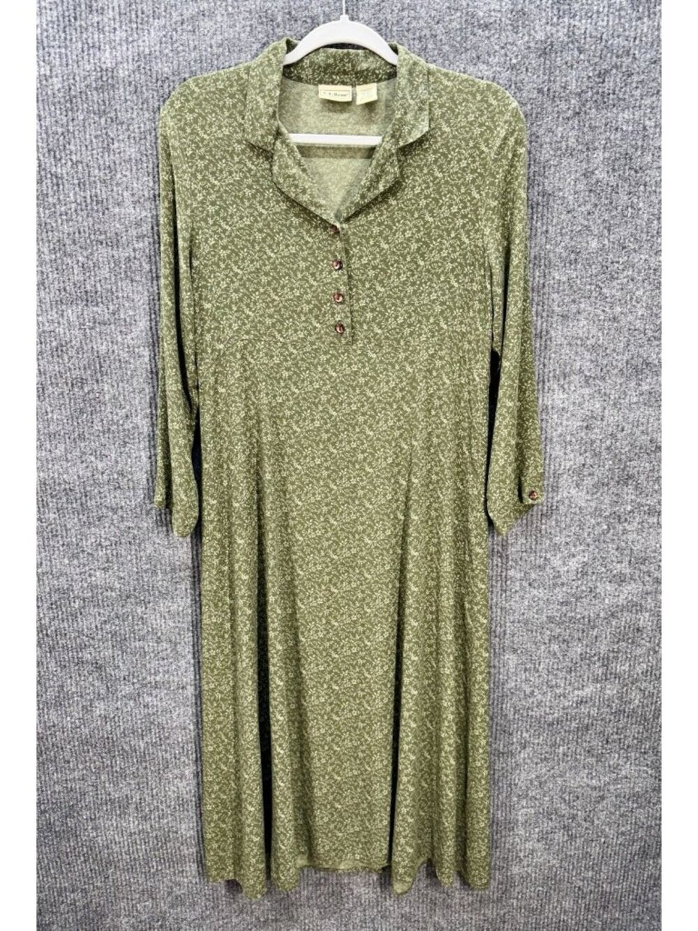 LL Bean Maxi Floral Dress Sz 12P Green Button Detail Collar Long Sleeve Prairie